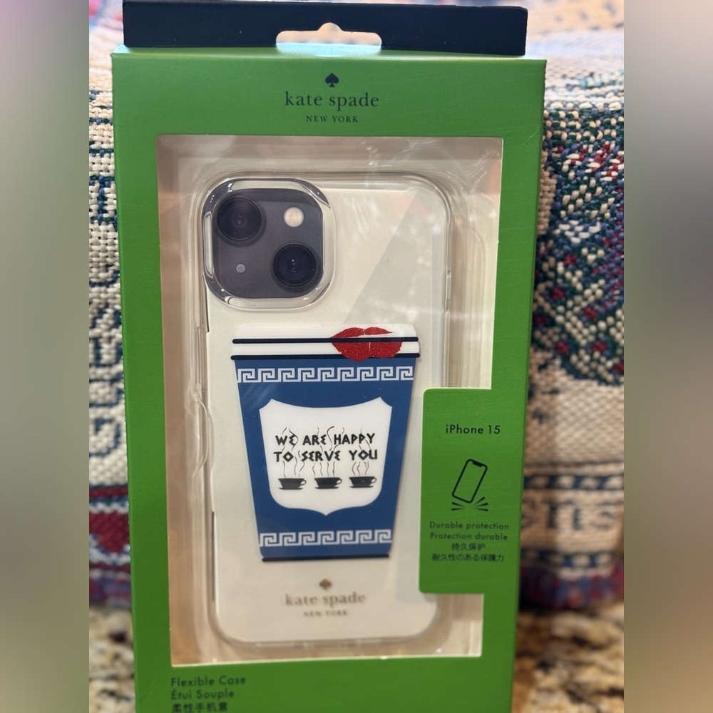 Still in box! Kate Spade- “We are happy to serve you” iPhone 15 phone case